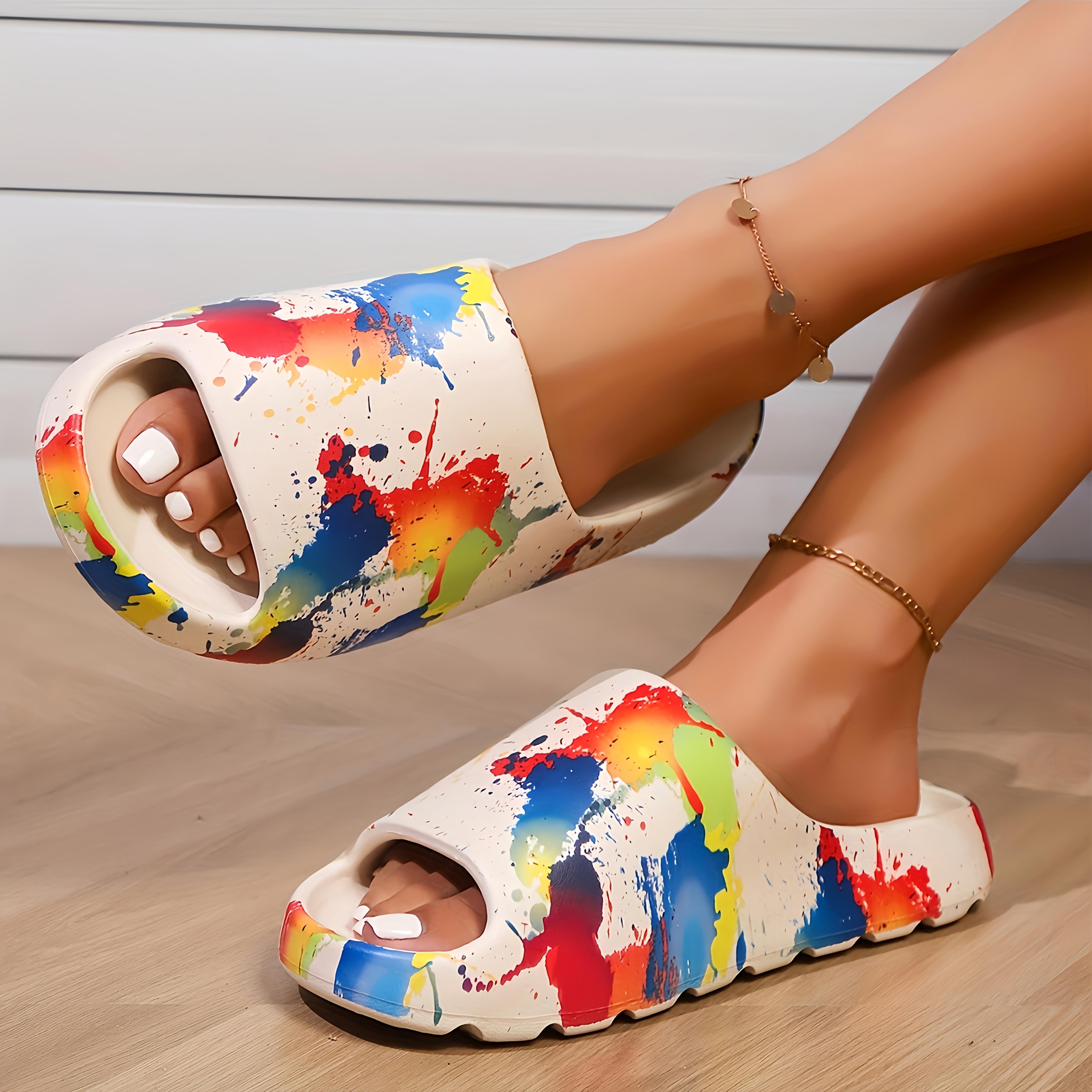 womens colorful splash paint slides open toe eva sandals for indoor outdoor use  able thick sole   for stylish summer wear  able footwear cushioned   Product details 3