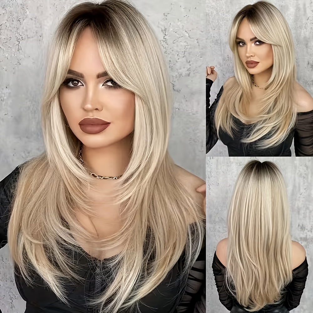 Image of 22-inch Wavy Blonde Wig For Women | Layered Design, Density Synthetic Fibers, Heat-resistant, Comfortable Cap, Adjustable Straps, Suitable For Occasions - Elegant Style Wig For Ladies By