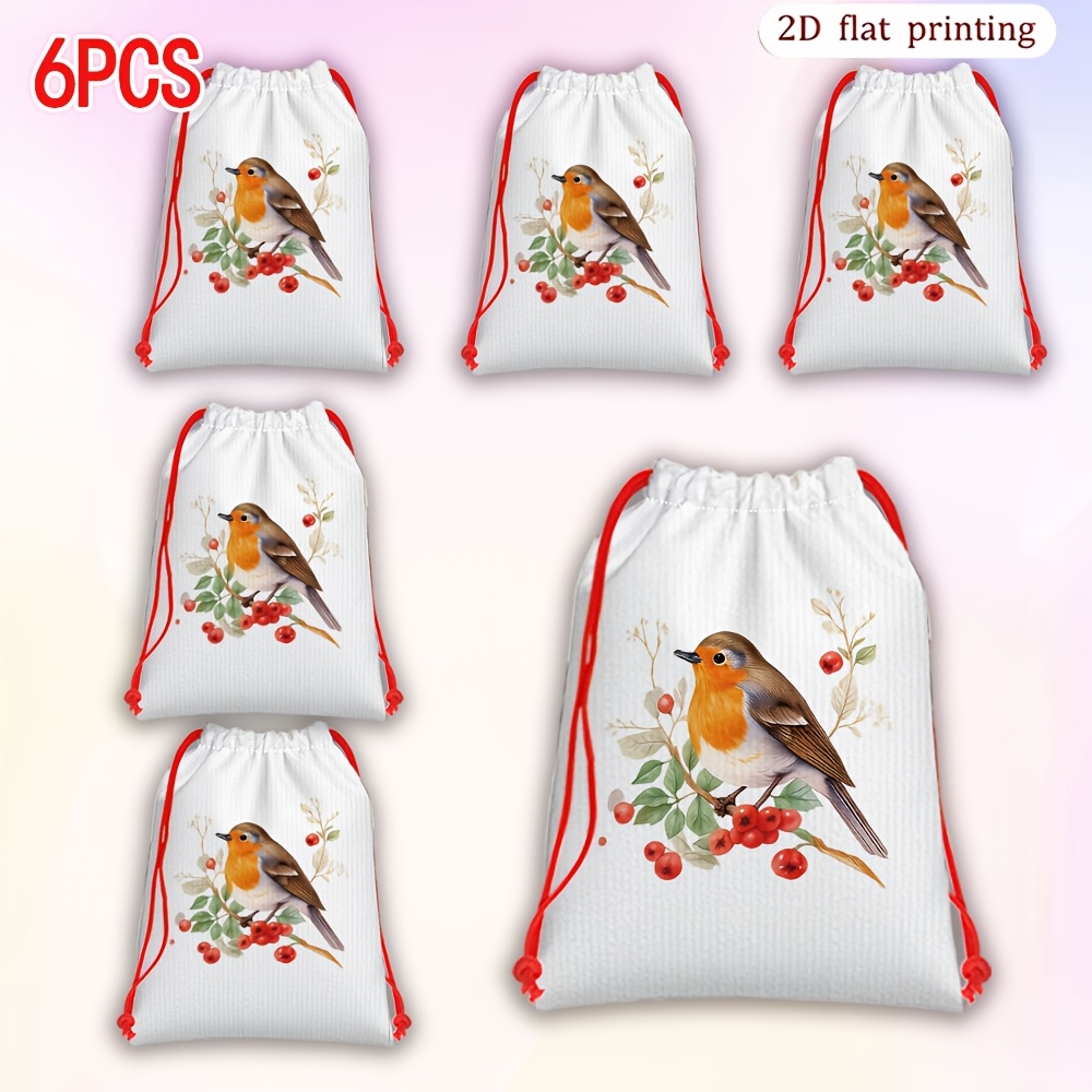 TEMU Gift For Her/him 6pcs Pack Of 6pcs Red-breasted Robin Bird Gift Bags With Drawstring Closure - Shrink Suitable For Weddings, Parties, Candy &