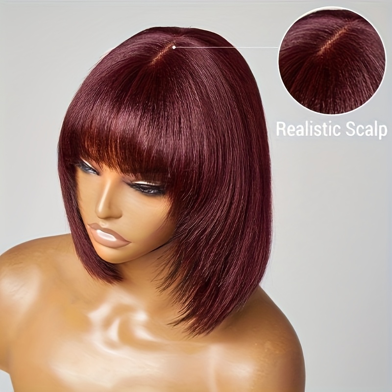 TEMU Glueless Burgundy Short Bob Wig With Bangs - 100% Brazilian Human Hair, Straight Non-lace Front For Women, Realistic Scalp Blend, Perfect Valentine's Day Gift, Hair Wig