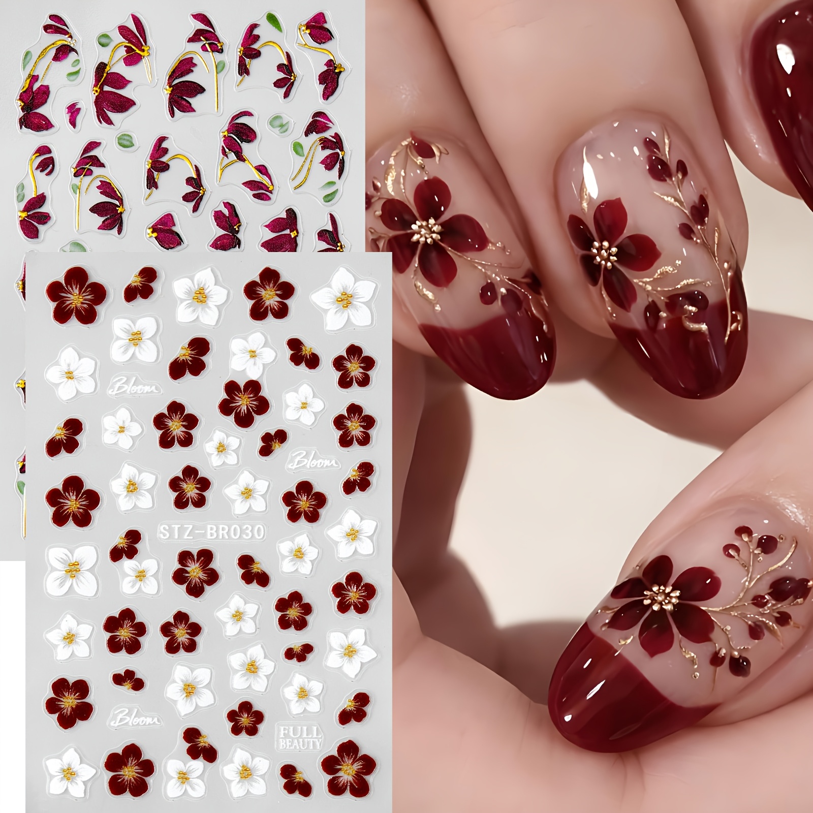 TEMU 2 piezas de pegatinas de uñas florales retro de margaritas color , 3D con flores pequeñas y blancas, calcomanías de uñas con y hojas doradas,