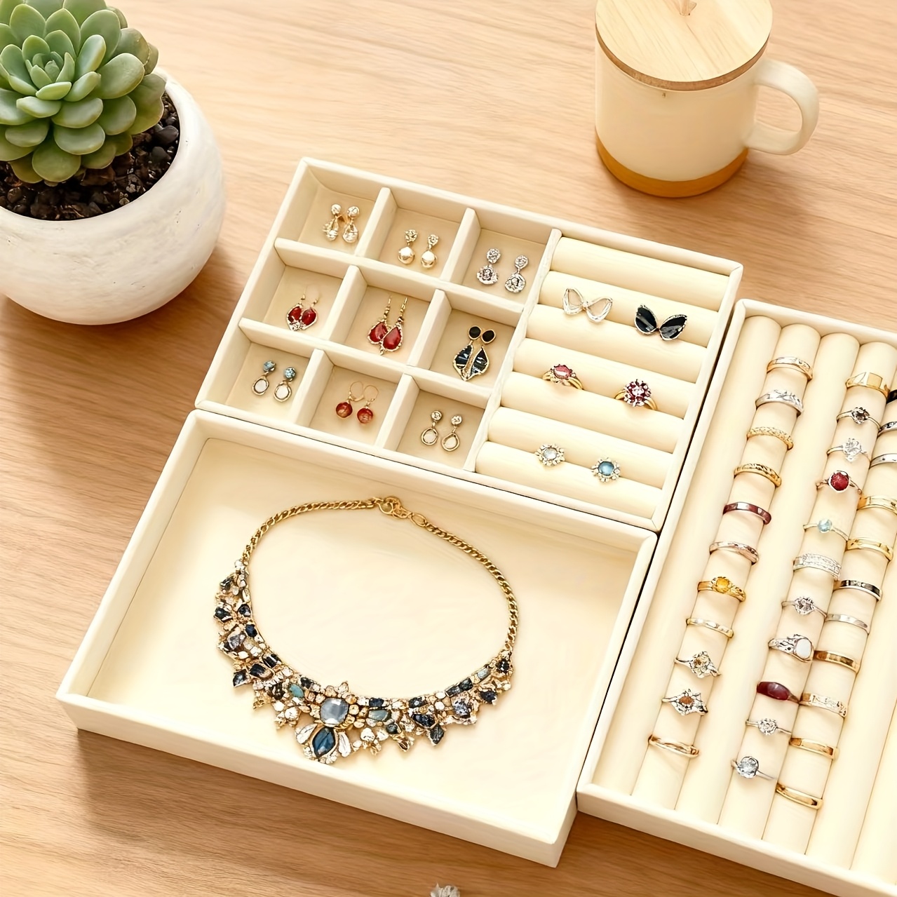 Velvet Half-Visible Jewelry Tray Set Includes Three Pieces