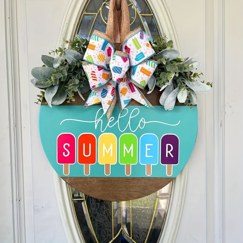 

1pc Rustic Wooden Hello Summer Sign With Colorful Popsicles, Festive Seasonal Wall Decor With Greenery Accents And Ribbon, Farmhouse Style Door Hanging For Home & Outdoor Use, 11.8 Inch