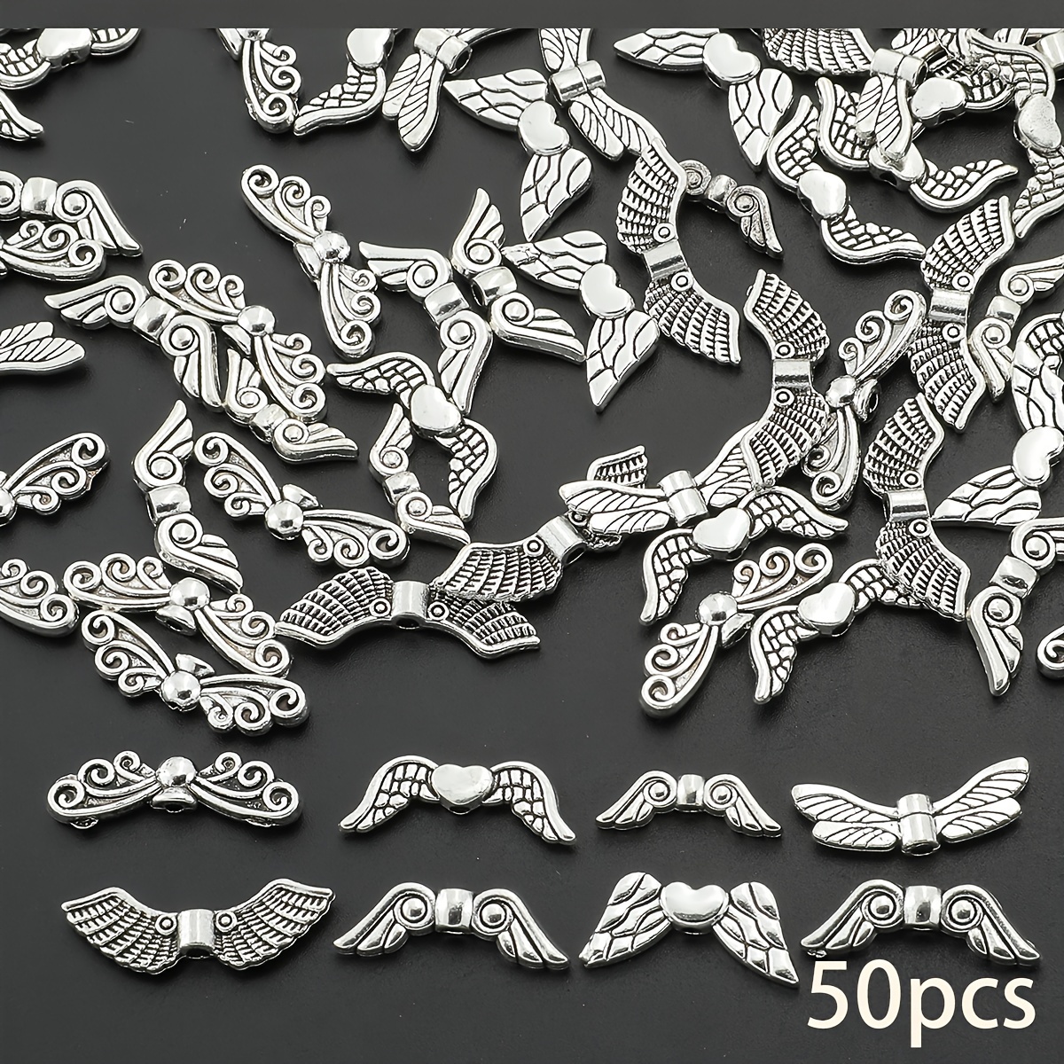 TEMU 50pcs Alloy Wing Spacer Beads, Vintage Wing Charms, Beads For Jewelry Making, Diy Bracelet Necklace Earrings Crafts Accessories
