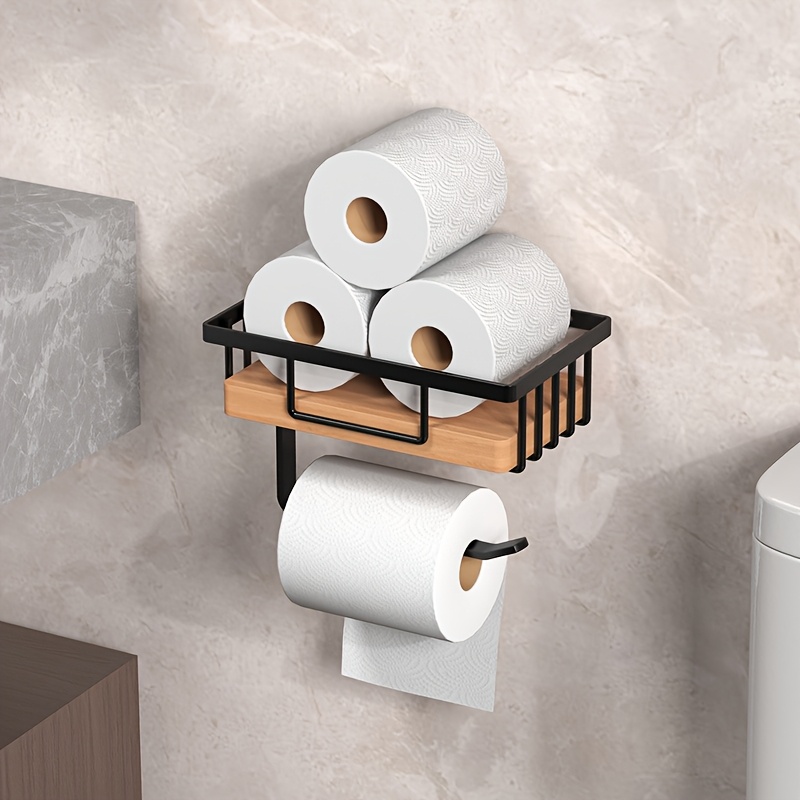 Image of 1pc Wooden Toilet Paper Holder With Shelf - Self-adhesive Wall-mounted Roll Holder, Durable Toilet Paper Stand, Bathroom Tissue Storage Rack, Storage Basket, Bathroom Accessory
