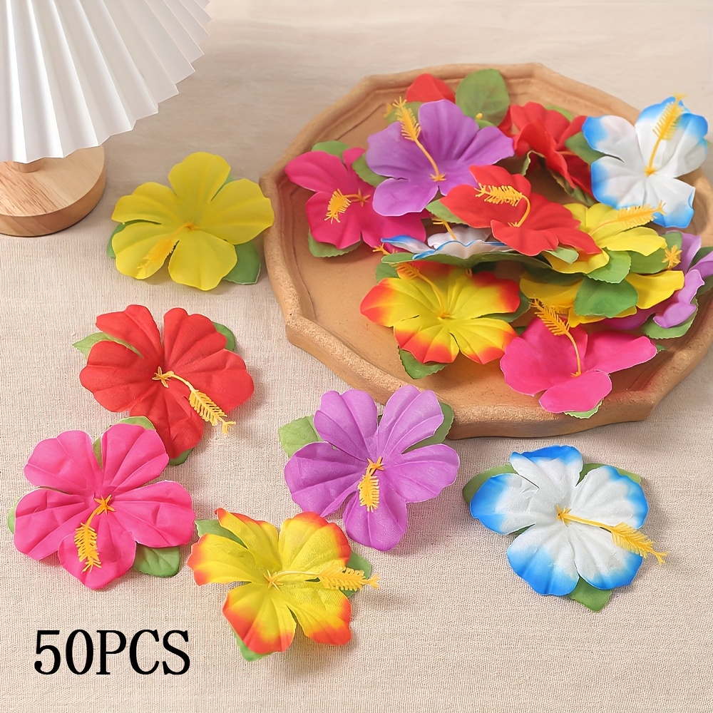TEMU 50/100pcs Artificial Hibiscus Flowers - 6 Vibrant Colors Tropical Hawaiian Decor, Durable Polyester Flowers For Diy Crafts, Weddings, Parties,