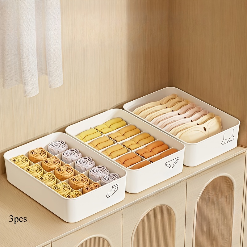 3pcs white plastic underwear bra and sock storage box with 10 15 compartments organizing socks bras and clothes in your wardrobe no lid design transparent cover closet organizer Product details 0