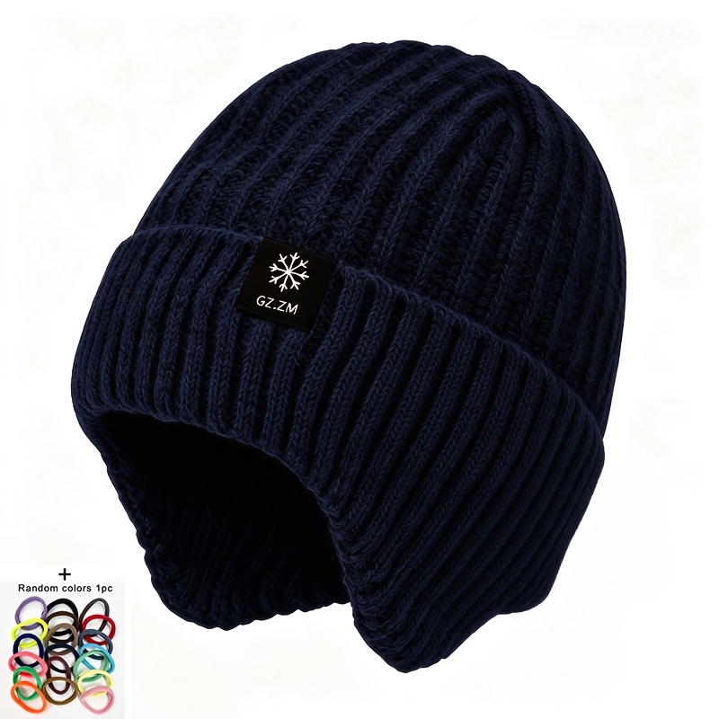 TEMU 1pc Men Women Thickened Ear-warming Hat And 1pc Random Color Hair Tie, Unisex Ultra-warm Autumn Winter Hat, Daily With Brim Ear-warming Hat,