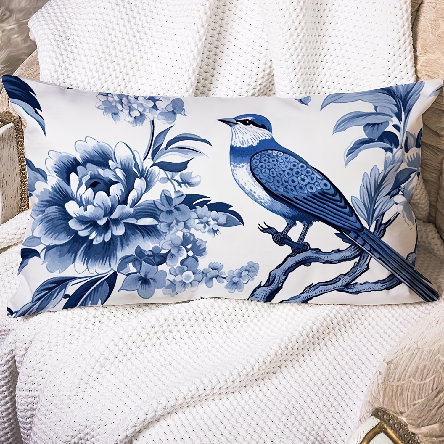 1pc blue white floral bird linen lumbar throw pillow cover Temu