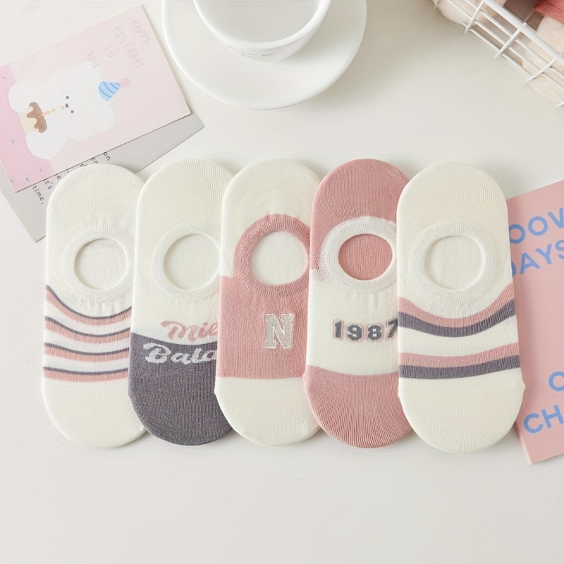 

5 Pairs Letter & Striped Socks, Casual & Breathable Low Cut Invisible Socks, Women's Stockings & Hosiery