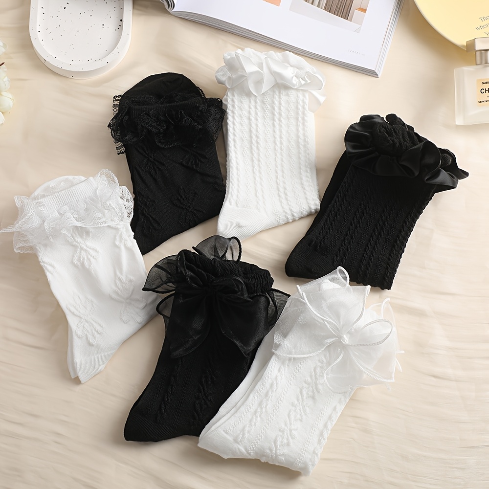 TEMU 3/6 Paar Schwarz-Weiße Schleifen-Spitze Rüschen JK Damen Wadensocken, Sommer Bequeme Atmungsaktive Niedliche Japanische Damen Socken