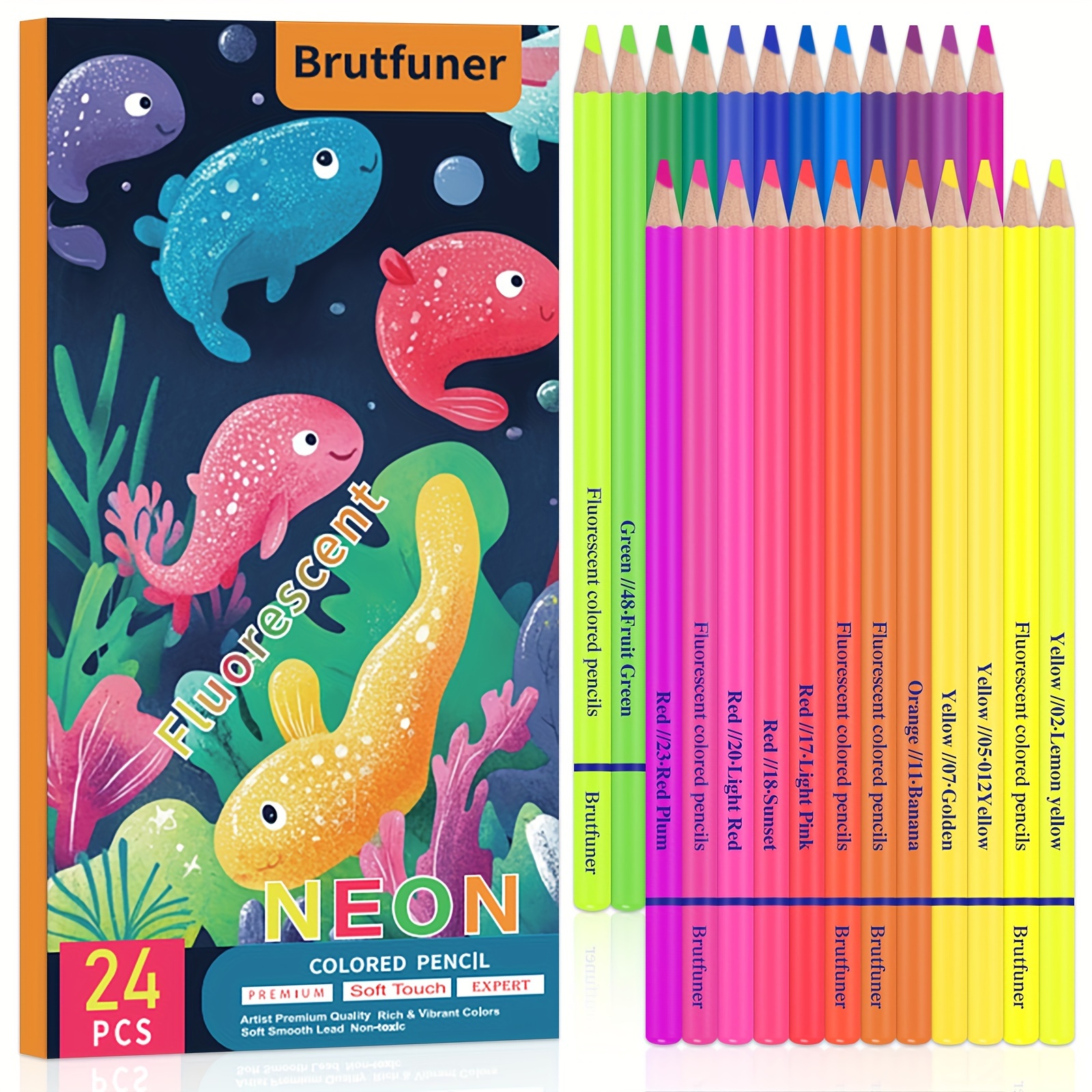Image of Brutfuner 24 Fluorescent Oil-based Colored Pencils, Fluorescent Colored Pencils, Artists With Vibrant Color, Coloring Pencils For Hobbyists & Artists, For Professional Artistic Use