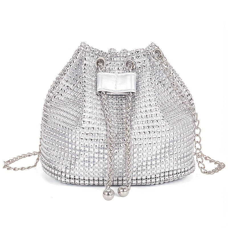 TEMU Women's Fashionable Shiny Party Bucket Bag, Solid Single Shoulder Bag, 5 Colors. Women's Rhinestone Evening Drawstring Glitter Bucket Bag For