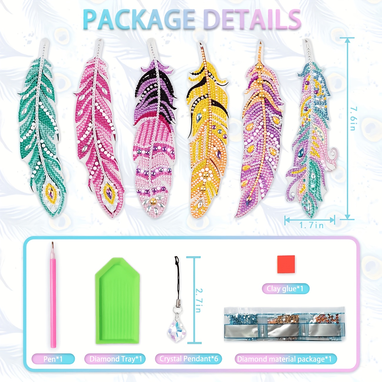 TEMU 6pcs 6pcs Diy Diamond Painting Bookmarks Suitable For Beginners, 5d Crystal Feather Bookmark With Irregular/round Diamonds, Feather & Crystal