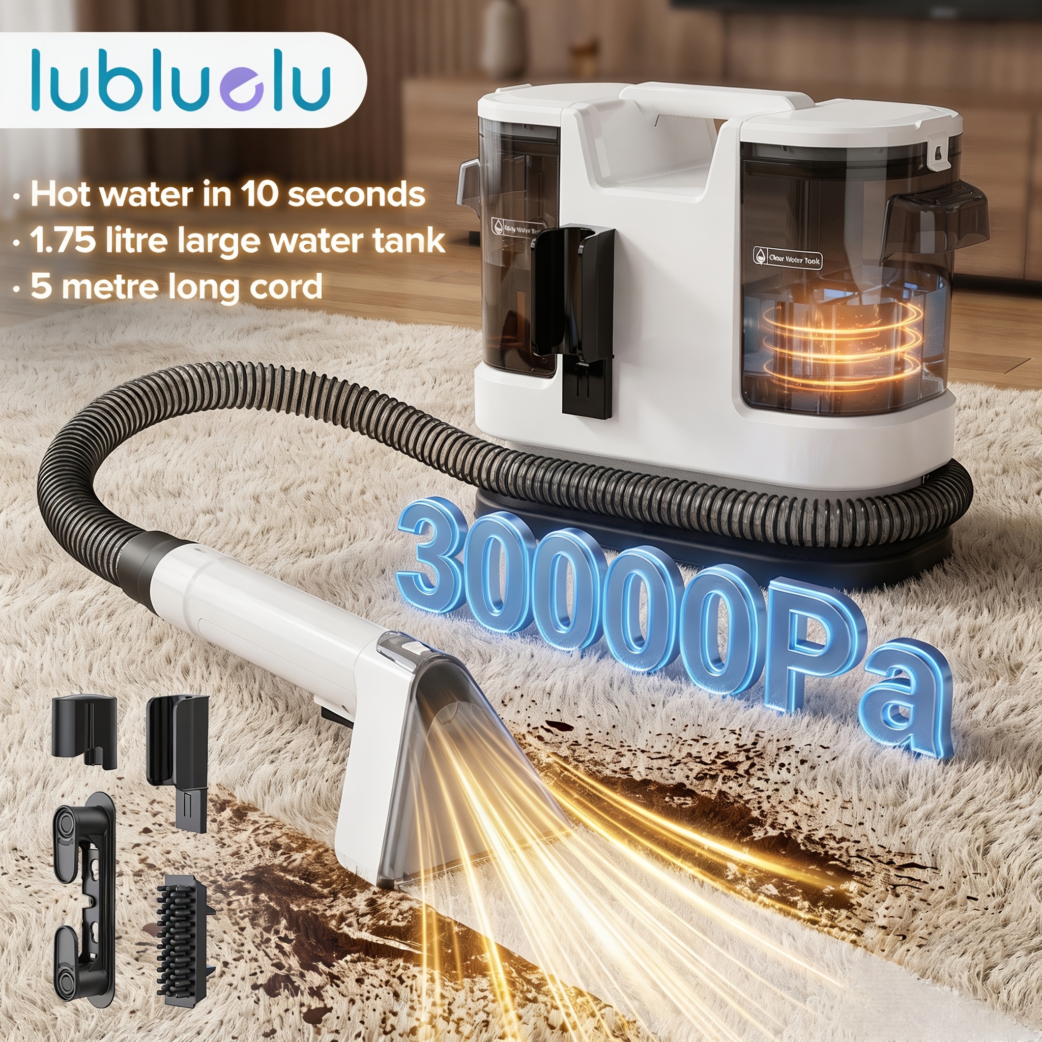 TEMU Lubluelu V8 Portable Spot Cleaner Featuring 30kpa Suction, 10 Second Hot Water Heating To 60 Degrees, Dual Large Capacity Tanks, 3 Step Stain