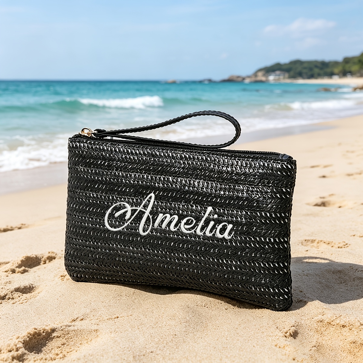 TEMU Personalized Embroidered Straw Handbag Purse, Custom Summer Zipper Pouch With Wrist Strap And Zipper - Embroidery Personalization, Bridesmaid