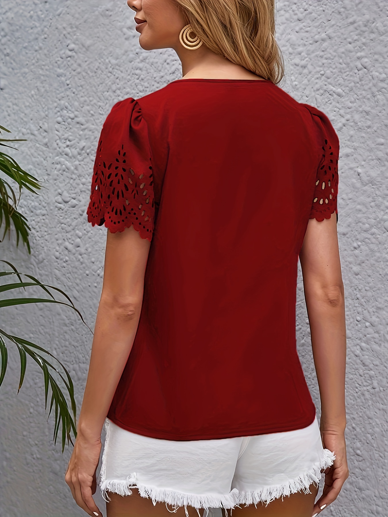 Elegant Casual Short-Sleeve Top for Women with Laser-Cut Scalloped Edges.