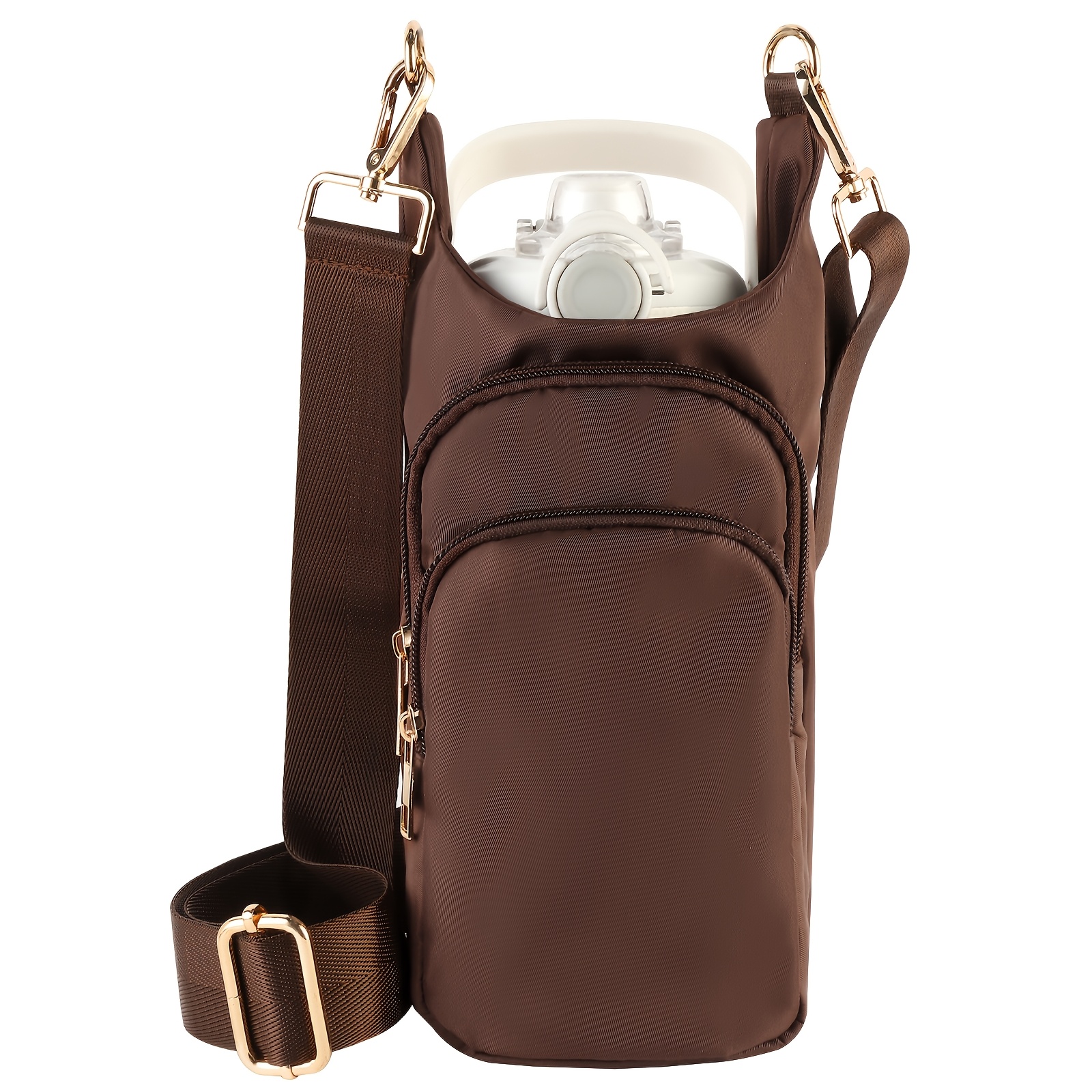 TEMU Nylon Water Bottle Carrier Bag With Adjustable Strap, Crossbody Water Bottle Holder With Zipper Pockets, Water Bottle Sling Purse For Walking