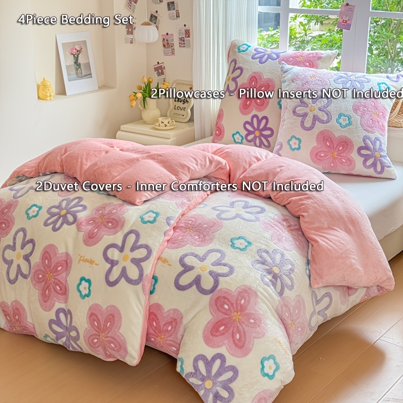 Image of Plush Warm Bedding 2/4pcs, 1/2 Duvet Cover 135x200cm And 1/2 Pillowcase 80x80cm, Soft Flannel Fleece Bed Set, Cozy Thermal Warm Bed Covers, Home Bedroom Decor Bed Sheet Set - Inserts Not Included