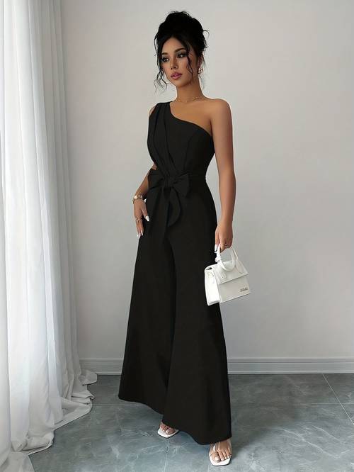 eleganter damen sommer jumpsuit mit gürtel in unifarben
