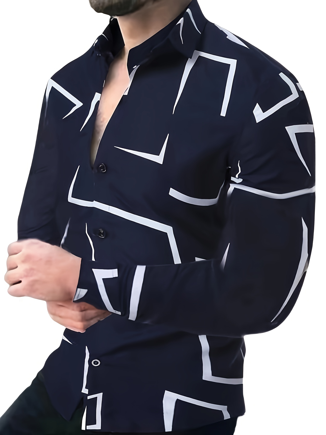 Stylish Geometric Print Long Sleeve Button Shirt - Fashionable, Versatile, and Comfortable - Perfect for Dates, Beach Holidays, and as Gifts