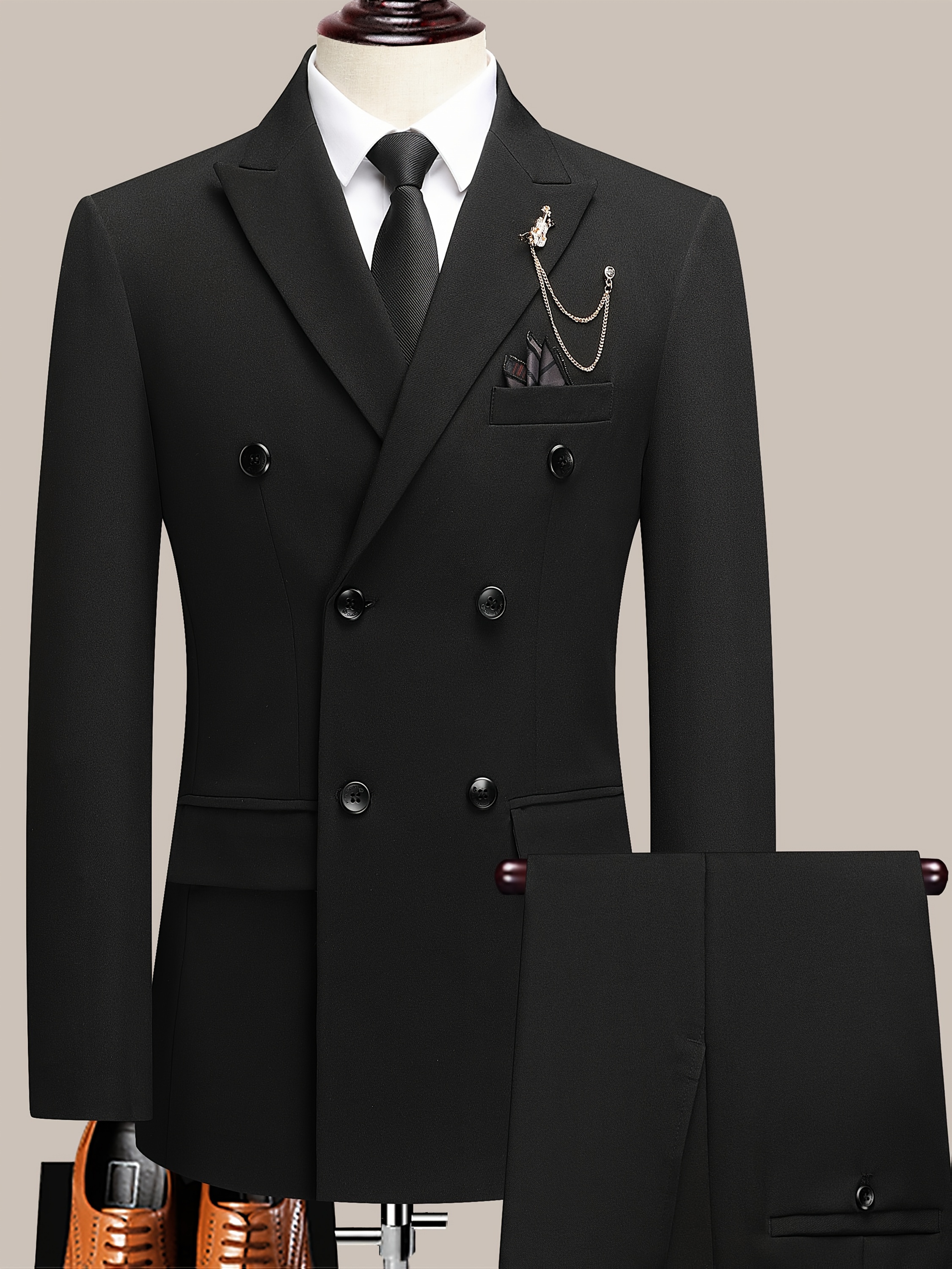 Men'S Beige Double-Breasted Suit with Peaked Lapels - Formal Business & Wedding Attire, Non-Stretch Polyester Blend, Double-Breasted Jacket with Four Buttons, Matching Pants, Wedding Attire|Classic Fit|Polyester Blend