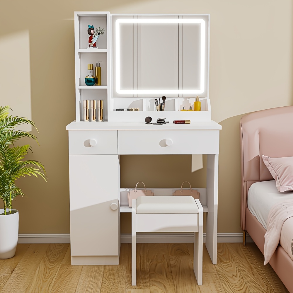 Dressing Table Stool Set,, Led Lights With Adjustable Brightness, Vanity Table With Mirror, Makeup Desk With 2 Drawers, Open Shelves And Storage Cabinet, Modern White