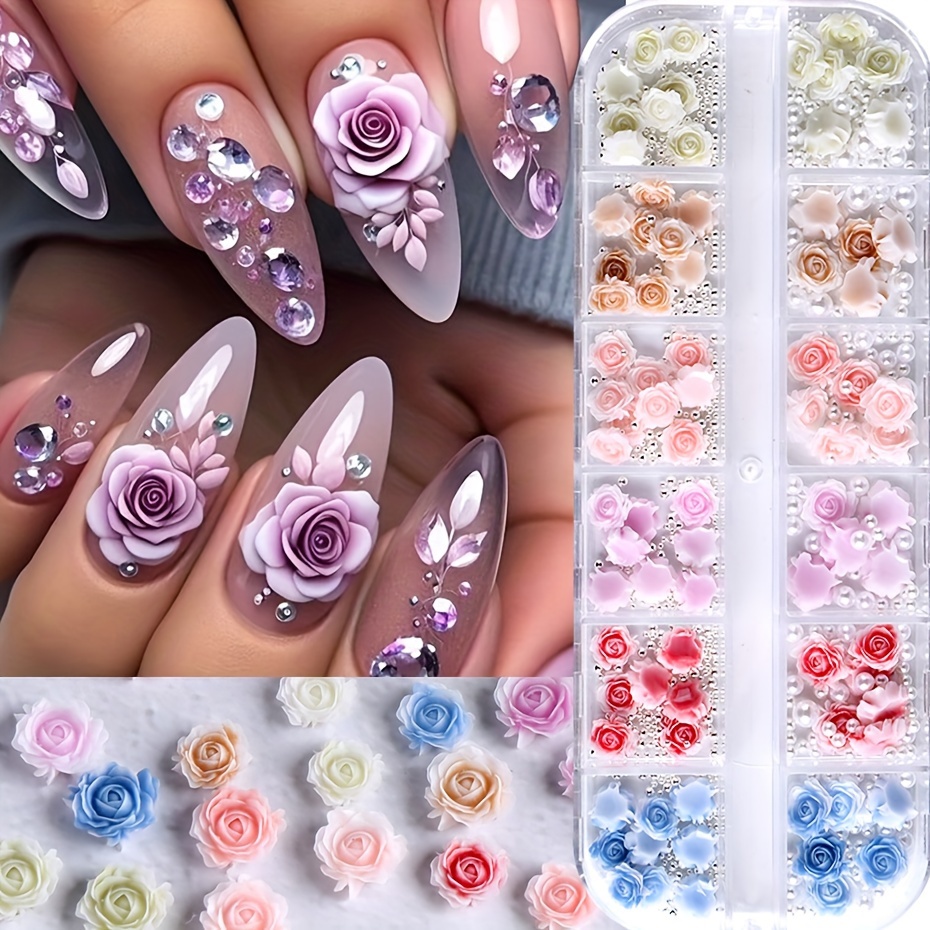 

12-grid Gradient Rose Nail Art Decoration Kit, Unscented 3d Floral Design Accessories Rh35