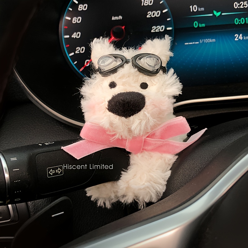 

Polyester Fiber Dashboard Ornament - Plush Stuffed Terrier Dog With Goggles And Bow Tie Car Interior Decoration