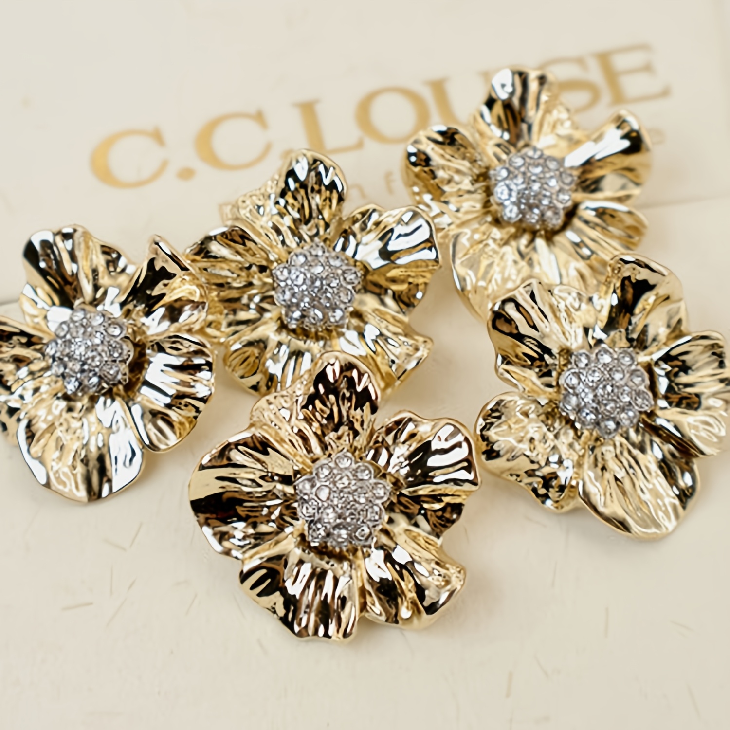 TEMU 5pcs Boutons décoratifs dorés à fleurs avec strass central pour manteaux, robes et couture