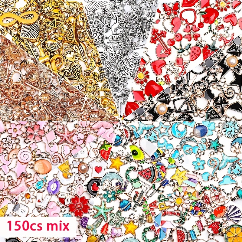 E-shop 50/100/150 Stk. Großhandel sortierte goldene/silberne Emaille-Anhänger für Armbänder, Ohrringe, Halsketten, DIY-Schmuckherstellung Bastelbedarf