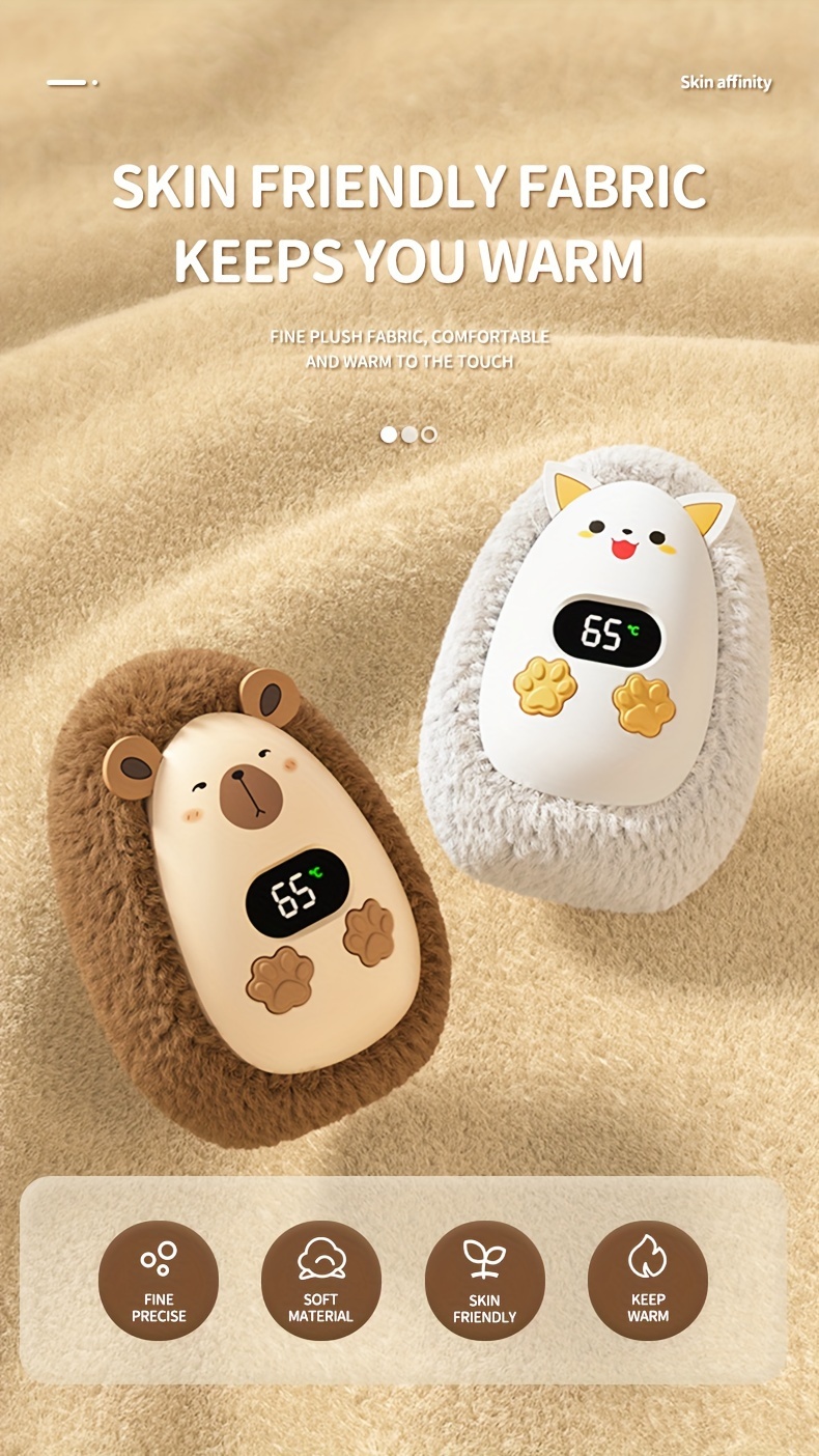 portable usb rechargeable hand warmer 1200mah lithium battery 3w round plastic electric   with fluffy cover fast heating in   cute cartoon design details 8