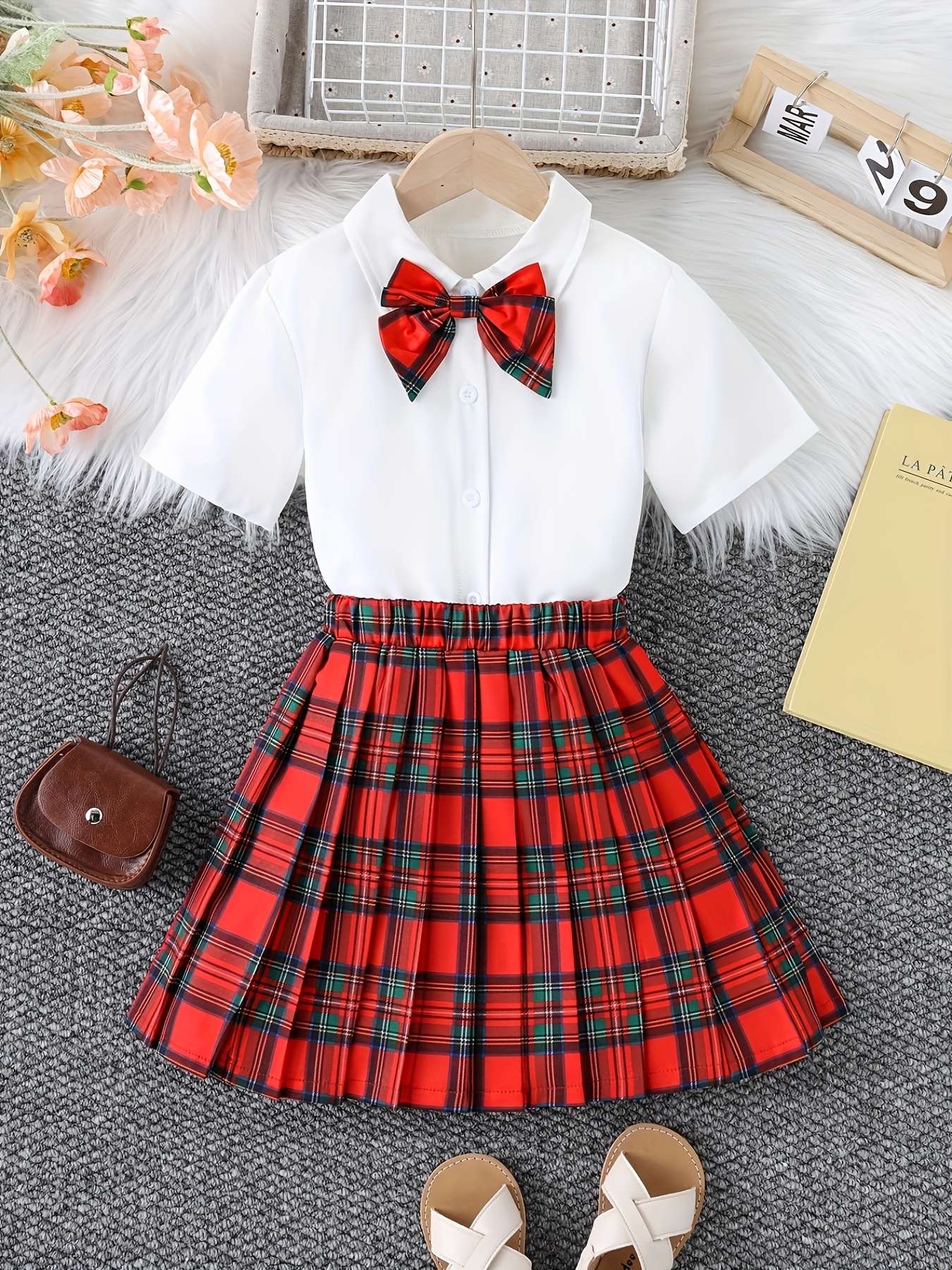 2pcs Girls' Summer School Uniform Set White Blouse with Red Bow Tie  Plaid Skirt Birthdays, Parties, and Everyday Wear, Girls Outfit,