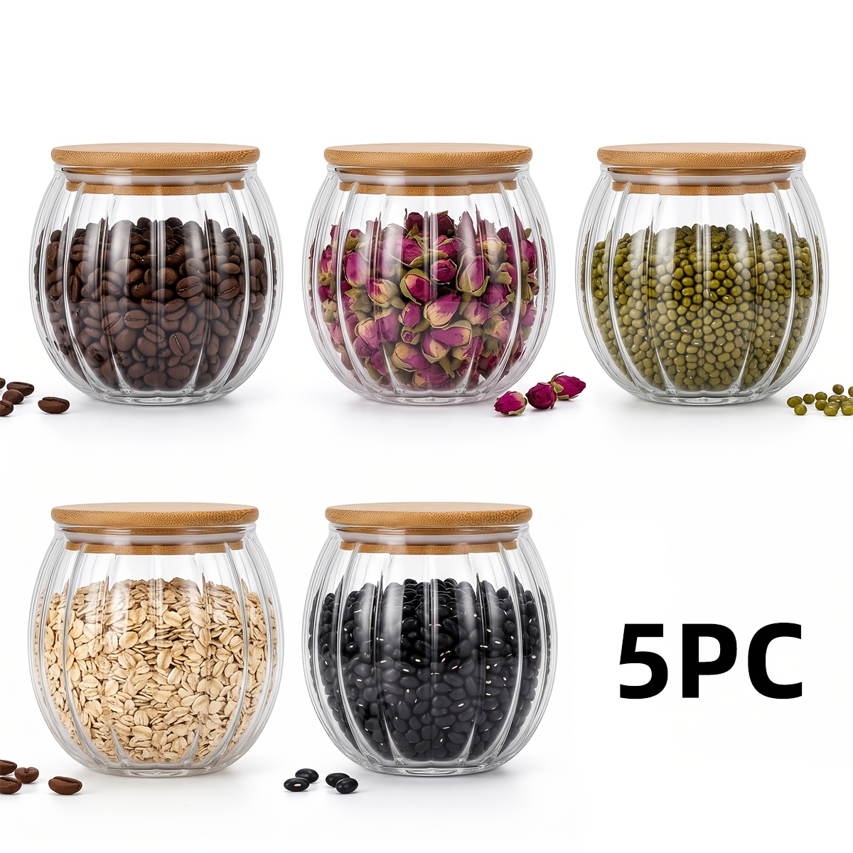 TEMU 3pcs/5pcs Set, Pumpkin-shaped Glass Food Storage Container Set, 400ml, 13.53oz, With Bamboo Lids, Leak-proof Sealed Jar Set, Kitchen Storage