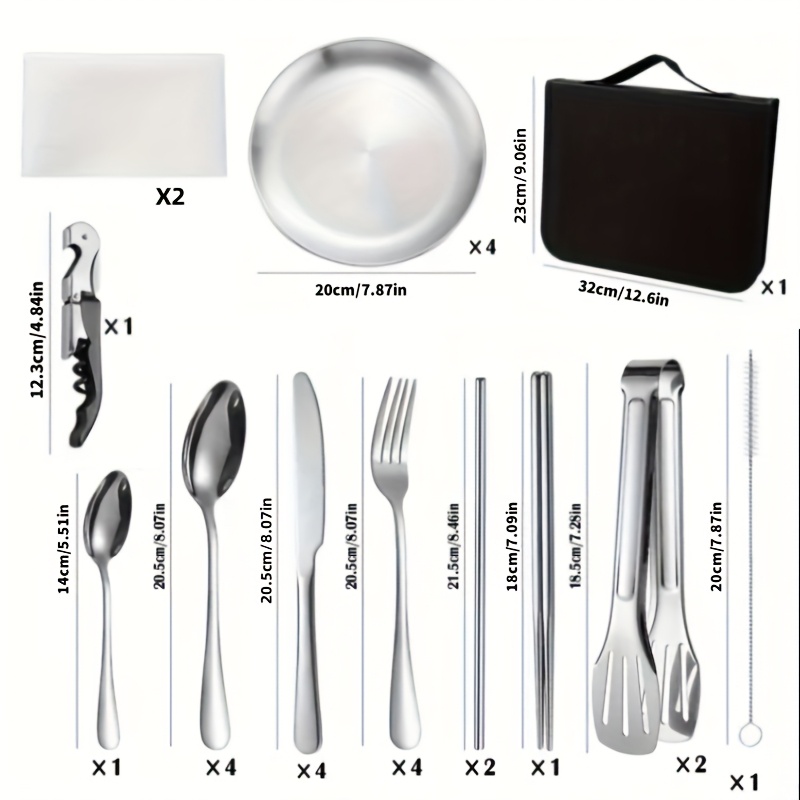 27pcs portable durable outdoor picnic tool set stainless steel high quality tableware with dinner knife forks plates soup spoon coffee spoon chopsticks tablecloth straw set bottle opener cleaning cloth clips and storage bag reusable dishwasher safe suitable for outdoor travel hiking backpacking picnic camping party   etc Product details 1