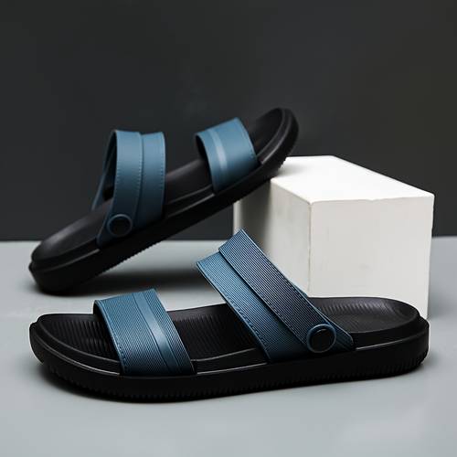 mens slippers mens sandals slip on slippers double strap vertical stripe slide sandals with adjustable back strap for wearing as sandals slippers casual everyday shoes for beach vacations daily shopping indoor outdoor wear