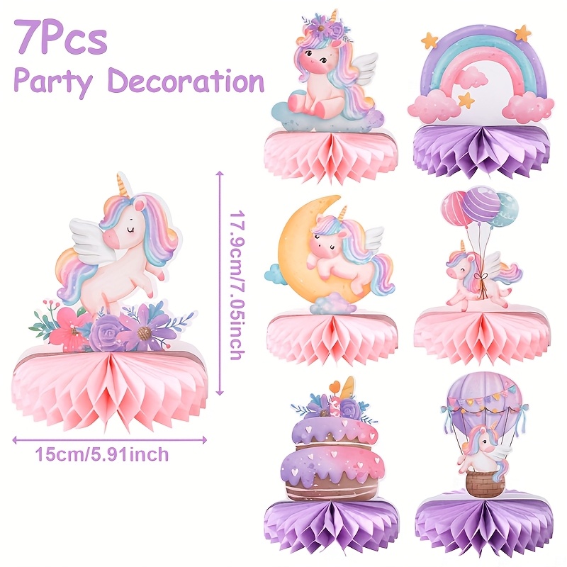 Image of 7pcs, Cartoon Unicorn Honeycomb Centerpieces, Paper Cartoon Rainbow Unicorn Theme Honeycomb Centerpieces Ornament, Unicorn Birthday Parties & Showers
