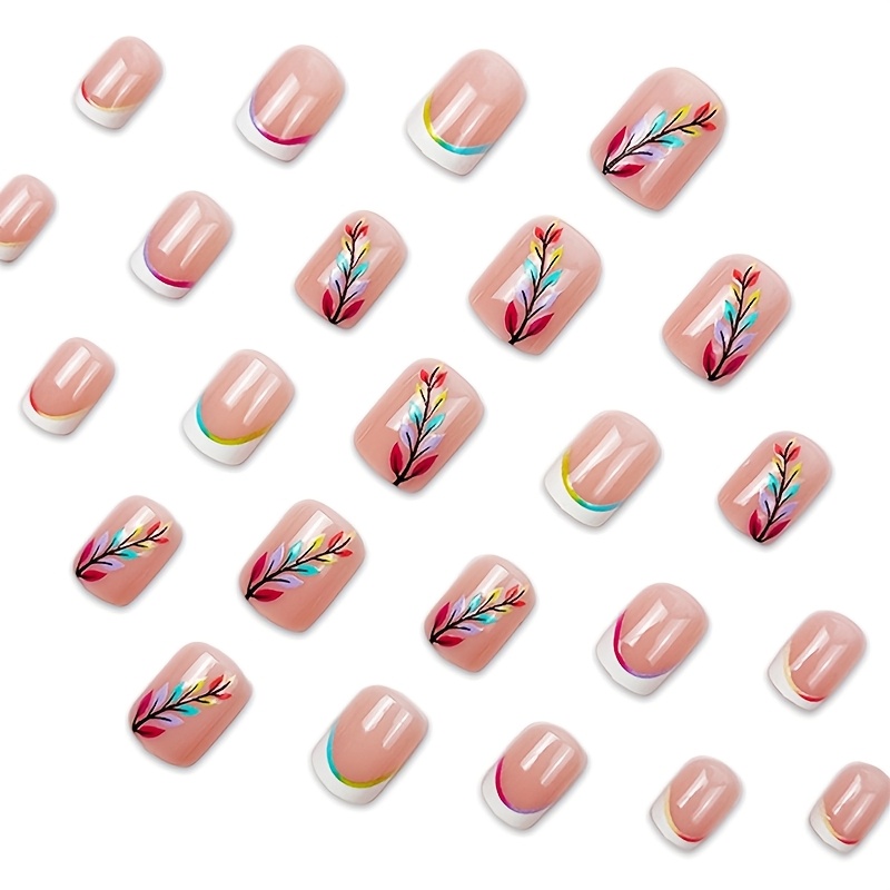24pcs Glossy Press On Nails With Rainbow Lines & - Short Square Artificial Reusable False Nails For Women - Shiny Mixed Colors, Easy Application, Durable & Stylish