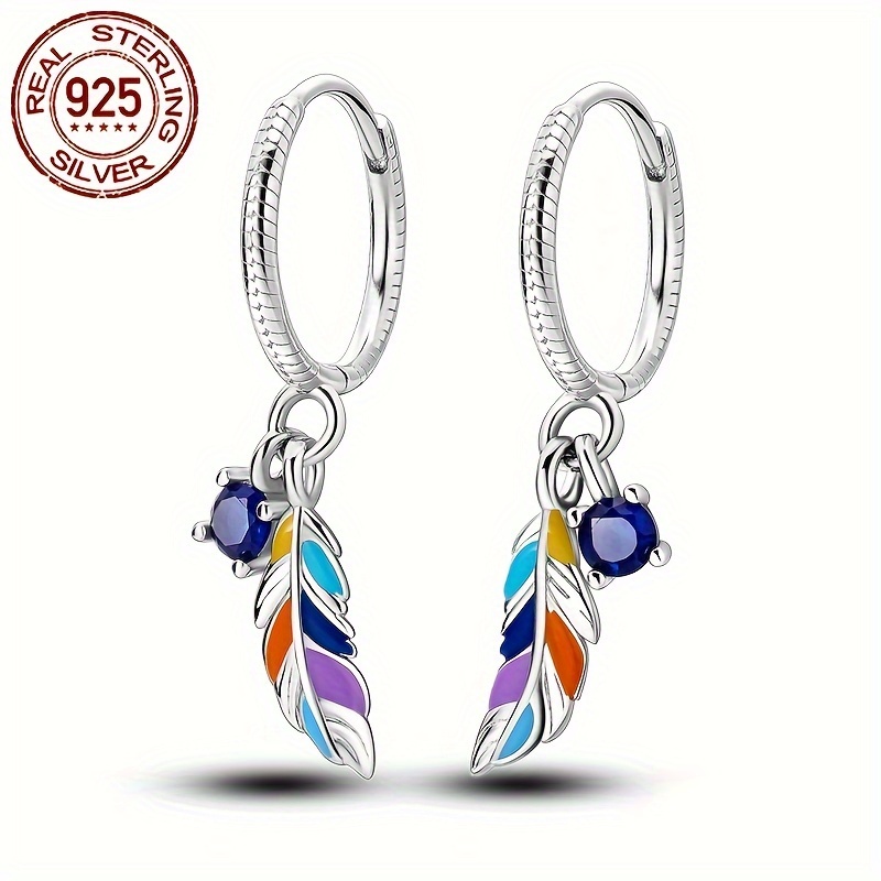 

925 Sterling Silver Classic Style Pendant Earrings With Blue And Orange Enamel, Suitable For Wedding And Everyday Wear