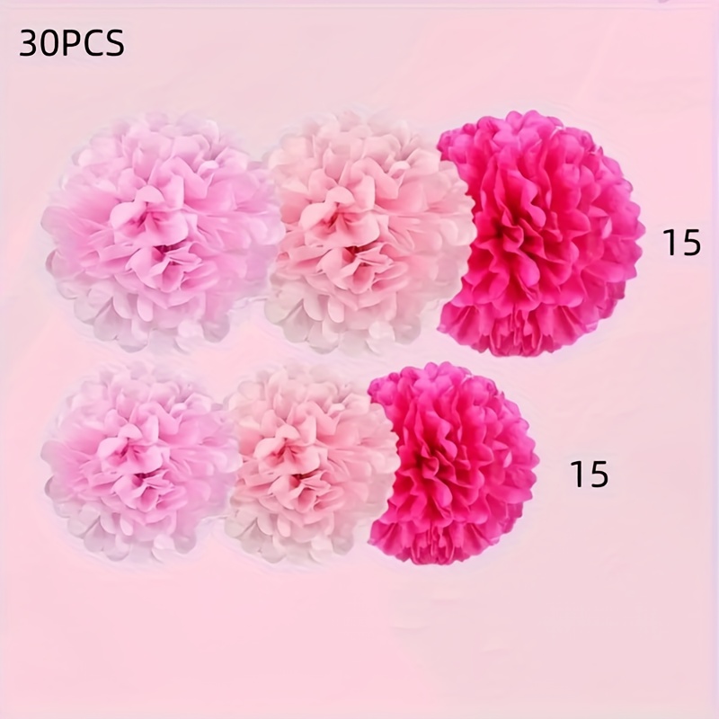 TEMU 30pcs Pink Paper Pom Pom Set - Handmade Hanging Decorations, Assorted Sizes, Perfect For Engagement Weddings, Birthday Parties, And Outdoor Home