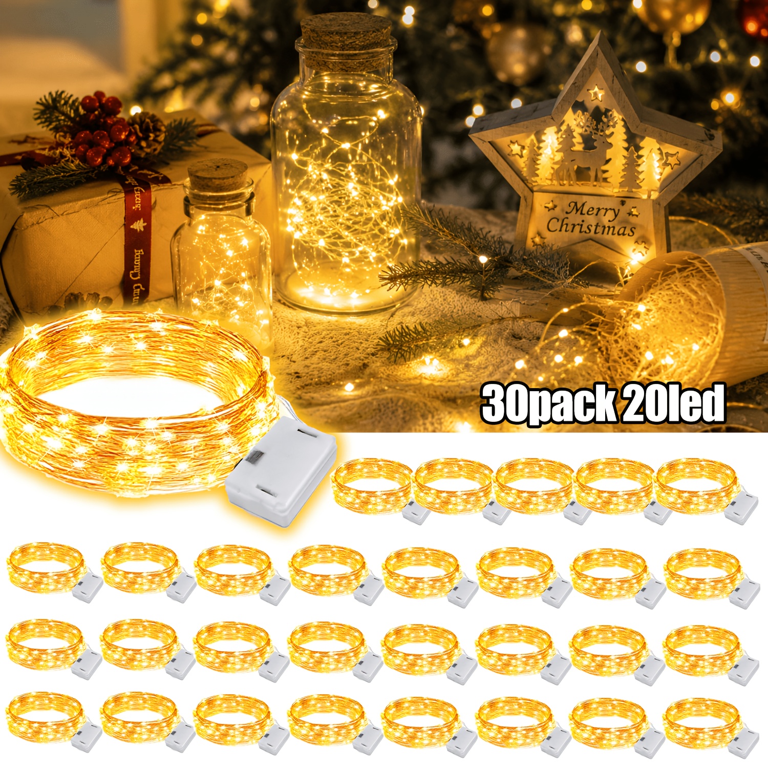 Image of 30 Pack Christmas Fairy String Lights, 20/10 Led String Lights, 3 Lighting , Button Control, Suitable For Flower Shops, Flowers, Gift Boxes, Weddings, Christmas Decorations, Battery Included