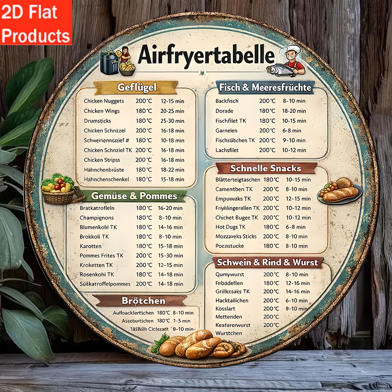 TEMU 2D Flat - Dekoschild und Plakette - . Runde dekorative Holzplatte - Retro-Stil "Air Fryer Kochanleitung" Schild, geeignet für Küche, Restaurant