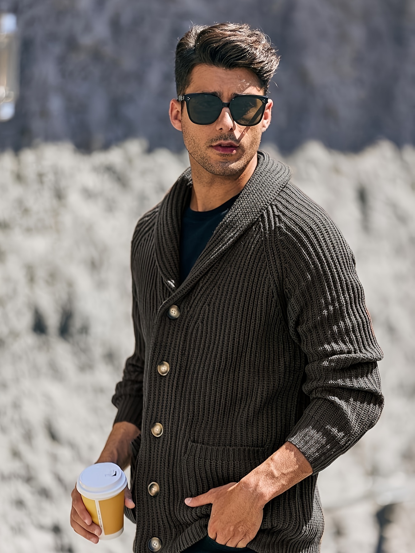 Cable Knit Cardigan Men's Front Open Sweater Mens Shawl