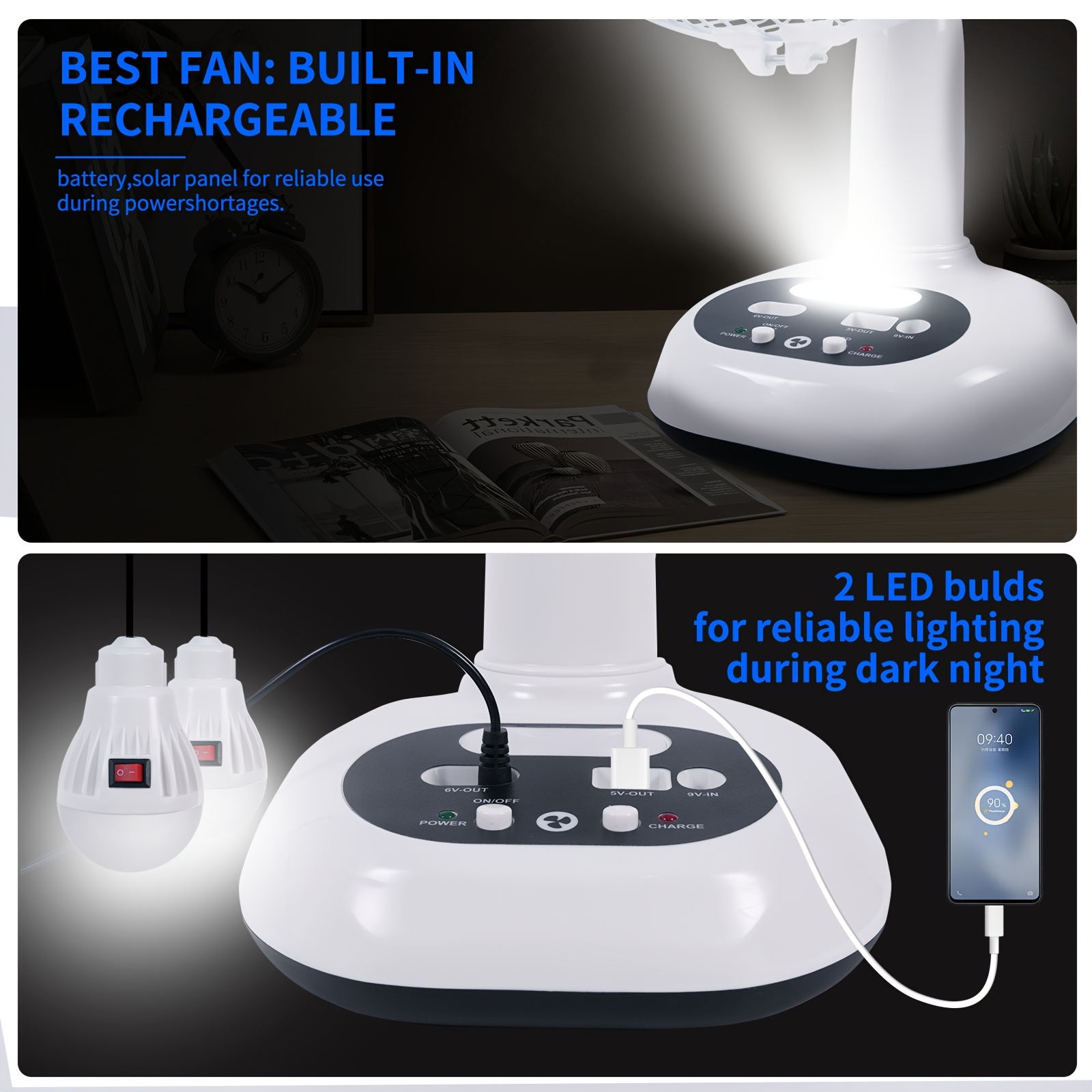 12 inch rechargeable fan ac solar fan left and right shaking head rechargeable fan with solar panel usb port led light and 2 free bulbs details 5