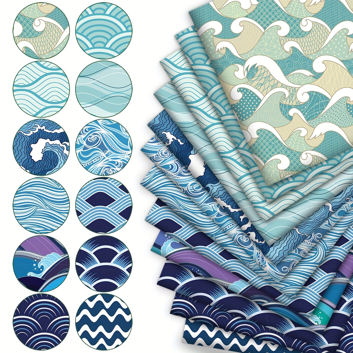 Image of 12pcs Summer Wave Ripple 12pcs Styles Fat Eighth Fabric Bundles, Quilting, For Quilting, Craft Projects, Wallet Making, Gifting, Doll Clothes, Bag Making, Pillow, 120g/ms, 9.45 X 20inch