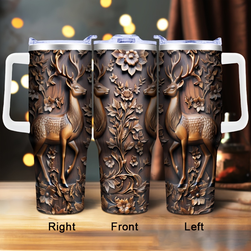 

40oz Insulated Stainless Steel With Deer Design - Embossed Wood-grain , Sports & Travel, Ideal Gift For Christmas, Valentine's, Father's Day