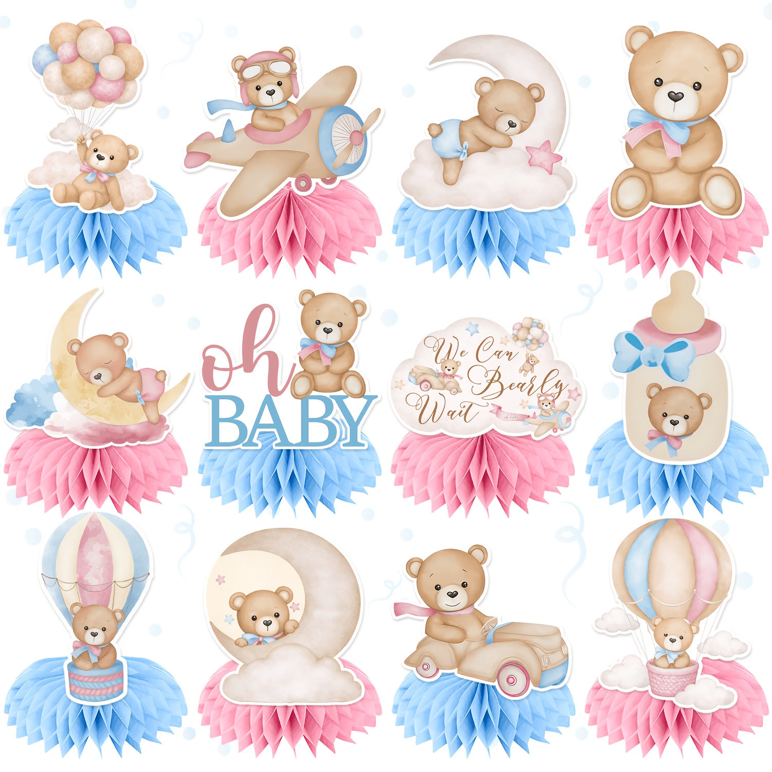 TEMU Décorations de fête, 12 pièces de centres de table de fête, centres de table pour fête de du , décorations de fête prénatale roses et bleues , ,