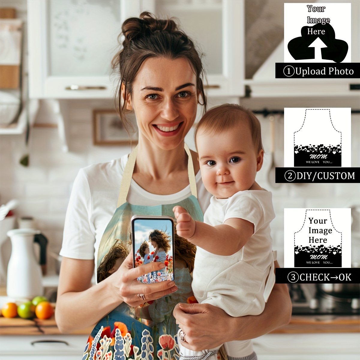 Custom Photo Apron - Personalized Kitchen & Dining Wear For Mother's Day, Birthdays, Anniversaries - Durable Polyester, Perfect Gift For , Parents