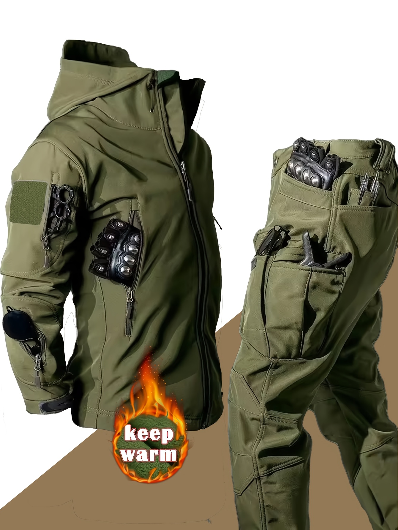 Men's Warm Tactical 2pcs Set, Softshell Jacket & Cargo Pants