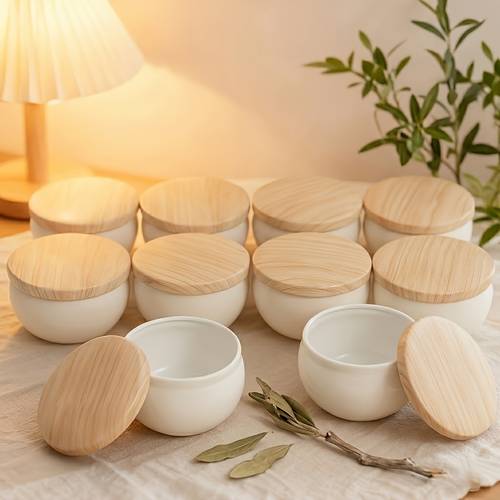 40pcs minimalist white metal candle jar set featuring a candle making accessory kit 2 5 ounce empty candle jars with wood grain patterned metal lids candy storage jars party favors and high quality portable empty containers suitable